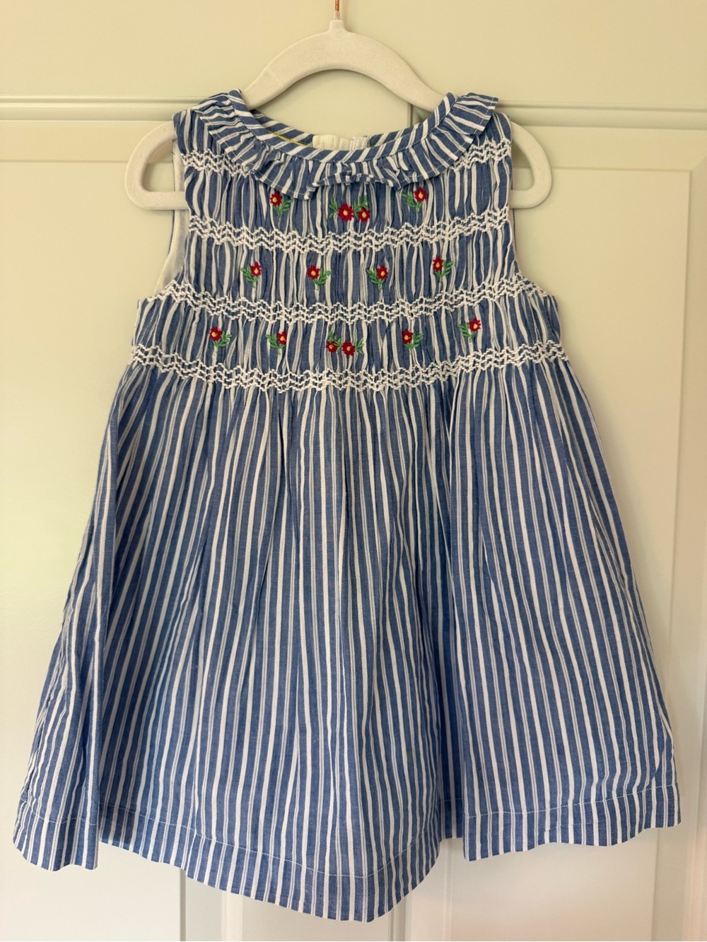 Mini Boden Blue and White Striped Smocked Dress with Red Floral Accents